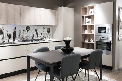 European style kitchen and dining area with custom printed glass splash back and grey dining suite