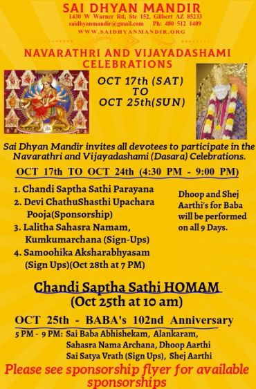 Flyer for Navarathri and Vijayadashami celebrations at Sai Dhyan Mandir.