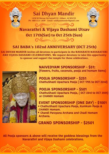 Flyer for Sai Dhyan Mandir Navarathri and Vijaya Dashami celebrations and sponsorship.