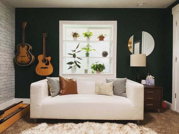 Basement Home Office Decor with DIY Window Shelves