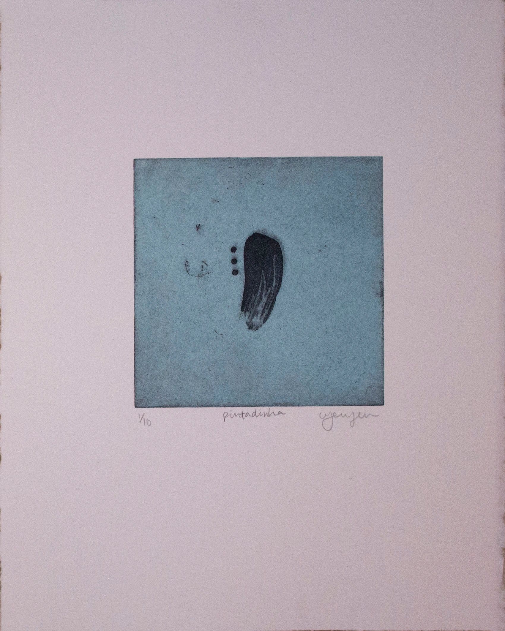 Black brush stroke with three small dots on left side with a blue background