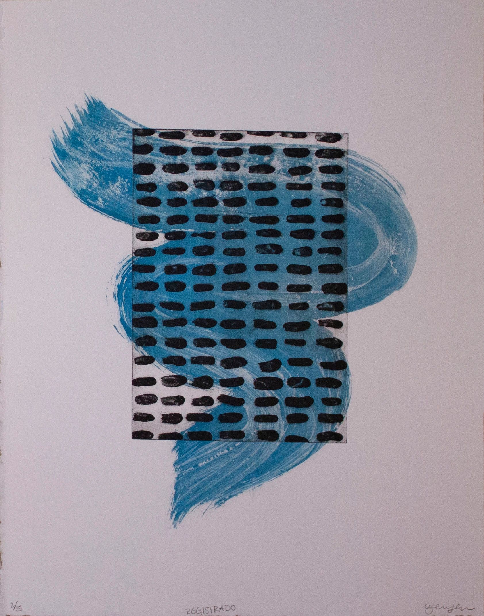 Blue wavy brush stroke with small black brush strokes making a rectangle on top