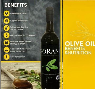 Picture of a bottle of Gorani Extra Virgin Olive Oil with an infographic listing the health benefits
