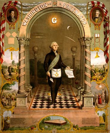 Painting of George Washington in his masonic aprons witl many masonic symbols surrounding him.
