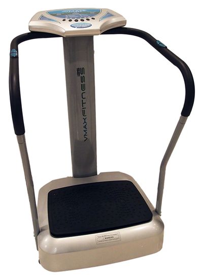 A silver fitness vibration plate machine with handles and control panel.