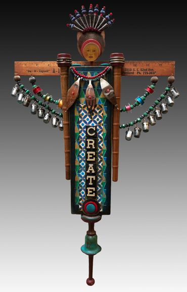 Assemblge art. Mixed media artwork created out of recycled materials. Vintage sewing notions, collag