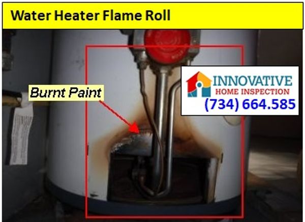 Water heater flame roll damage.  Innovative Home Inspection Canton MI