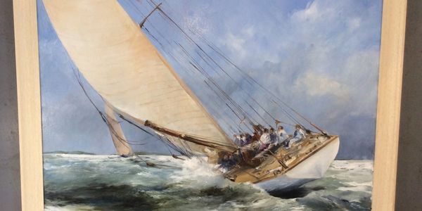 Painting of a sailboat racing on rough seas with a crew onboard.