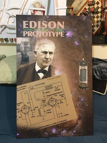 Digital poster of Thomas Edison and electric circuit diagram shown standing prior to mounting the el
