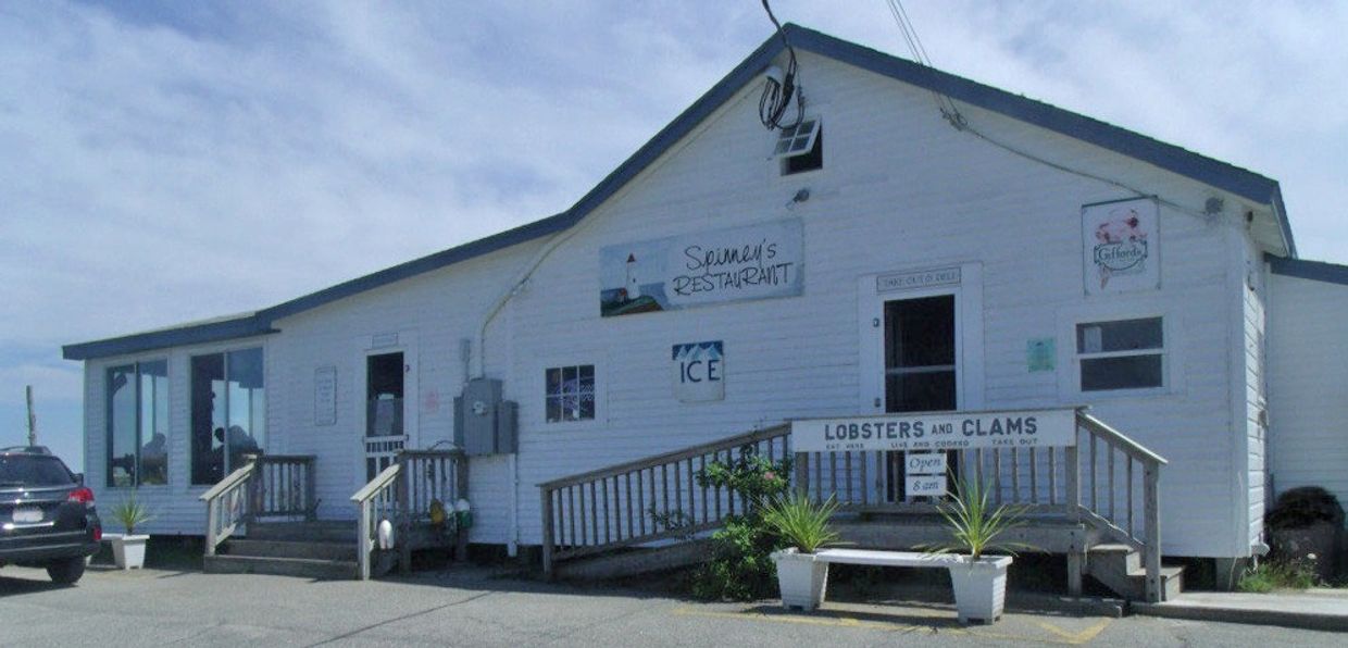 Close up of Spinney's Restaurant, Popham Beach, Maine with sign for Lobsters and Clams