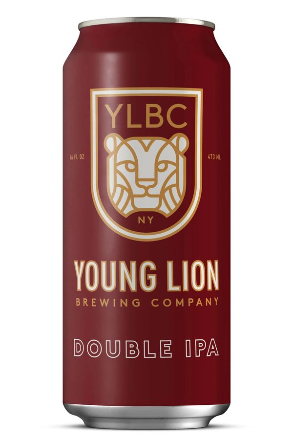 Can rendering of double IPA, red can with lion logo.