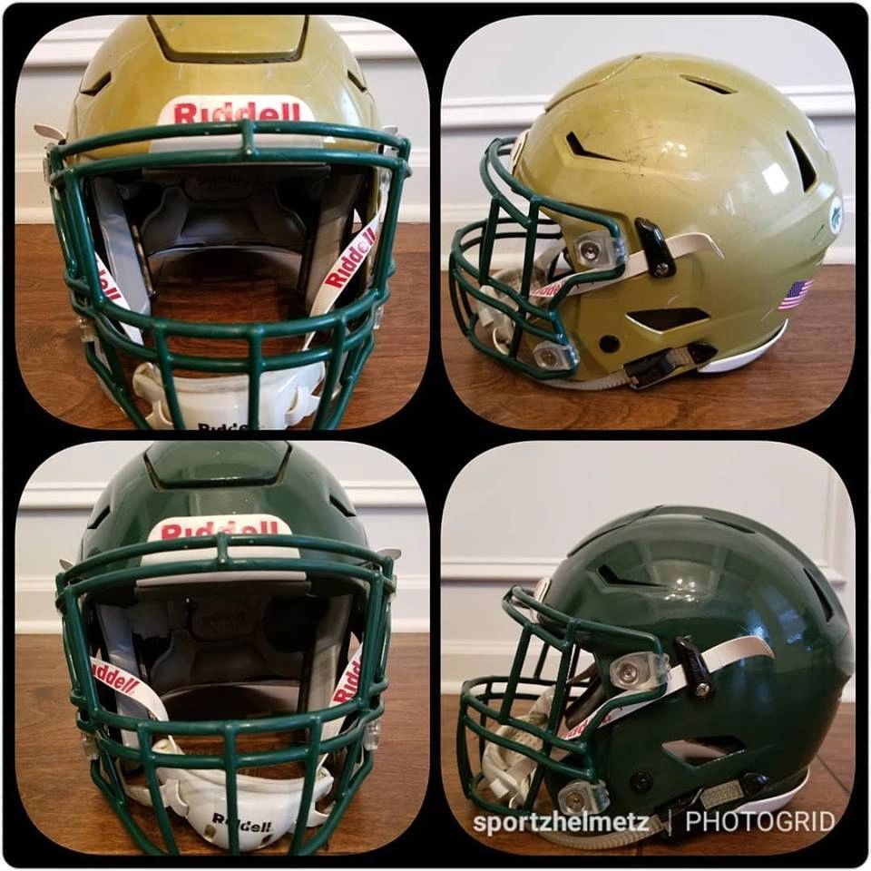 Before and after pictures of football helmet painted