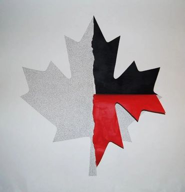 Half-drawn Maple leaf, the other half torn down the middle black paint on one side, red on the other