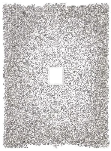 pen and ink drawing of a filigreed picture frame with a one square inch opening in the middle