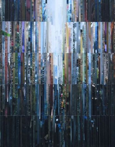 collage of colour photos cut into strips, a white light emerging and revealing the form of a cross