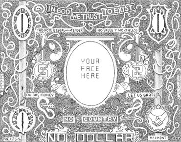 intricate pen and ink drawing of a dollar bill with filigree and symbols questioning its value 