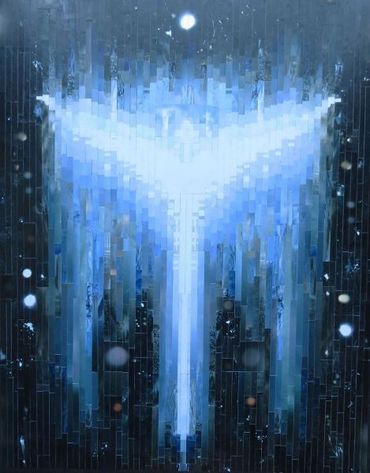 collage of colour photos cut into strips of varying lengths & widths, an angel with outspread wings