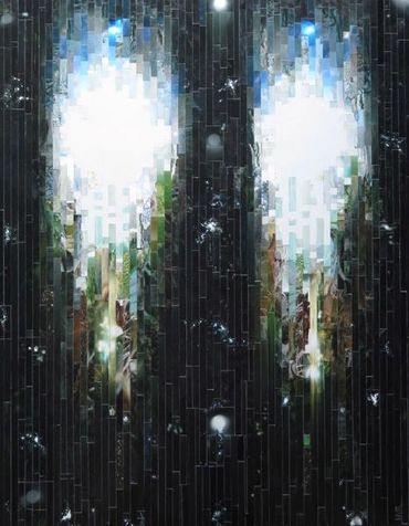 collage of colour photos cut into strips of varying lengths & widths, two bright lights rising