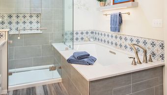 master bathroom
bath tub
soaking tub
shower
shower door
flooring
cabinets
tile