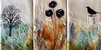 3 little encaustic art cards.   Birds, trees, and flowers in blue, orange, olive, and white.