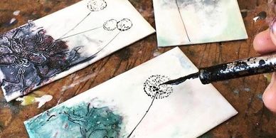 india ink drawing on encaustic pieces