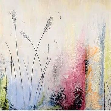 Circular picture of encaustic painting with tall grasses and impressions in pinks, black, and blue