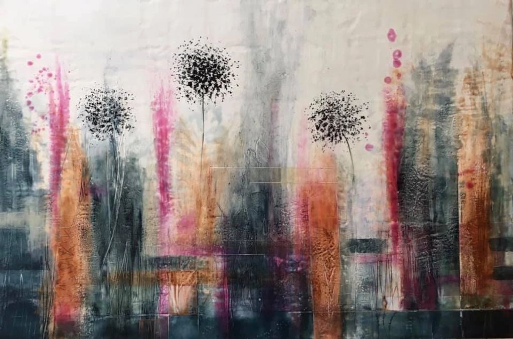 original encaustic in magenta and indigo with ink