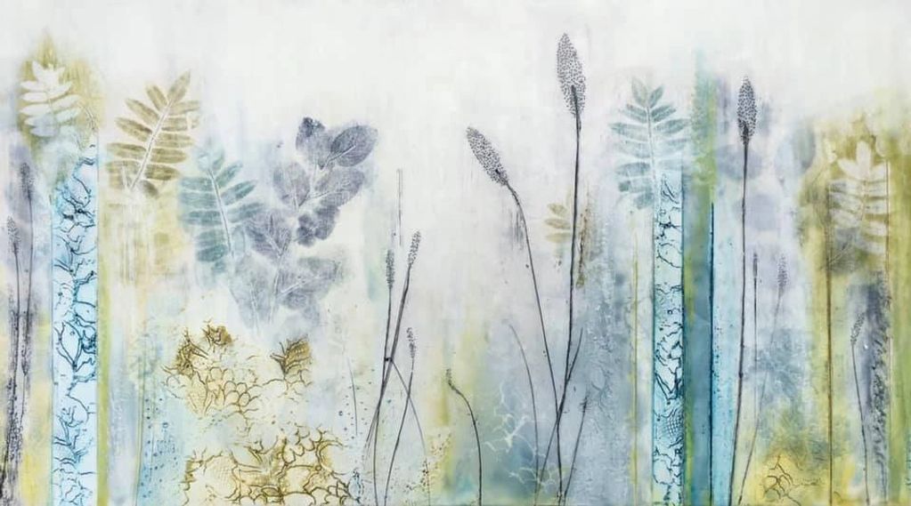 original encaustic in blues and greens with ink