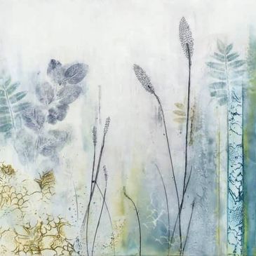 Circular picture of an encaustic piece in cool blues.  Leaf impressions and tall grasses can be seen