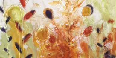 original encaustic painting.  Bright, textured abstract flowers.