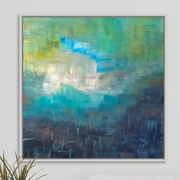 large framed abstract contemporary painting on canvas with frame abstract blue white grey fine art