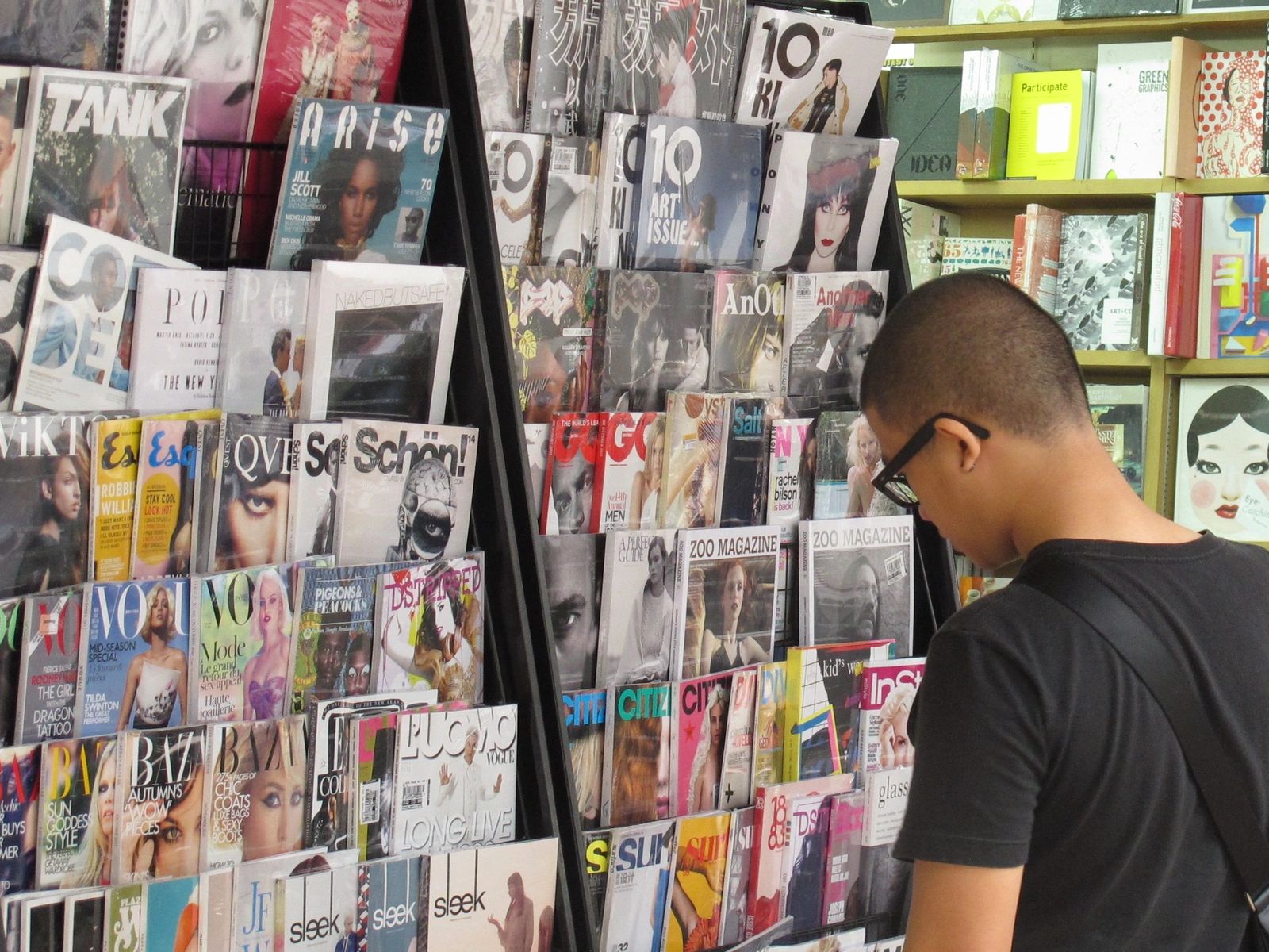 Racks of magazines outside Bashir Graphic Books, Singapore