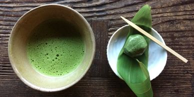 Matcha green tea and sweet, served at Innsyoutei, Uneo Park, Tokyo, Japan