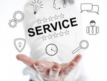 Hand presenting the word 'SERVICE' surrounded by related icons.