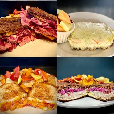 Delicious gourmet grilled sandwiches! With chips or fresh fruit salad!