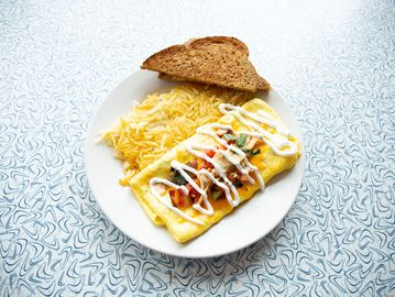 Dion's Omelet with hash browns and toast