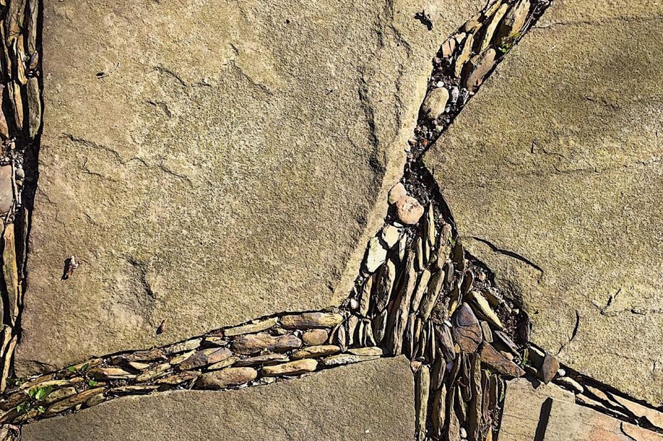 A closeup of a path made from broad irregular shaped stepping stones grouted with small narrow vertical stones that generate a sense of flow even while remaining in place.
These details in motion create a sense of natural movement which can be calming and bring a feeling of familiarity and novelty to our reality.
In my landscape designs, I create that effect in as many ways as possible.