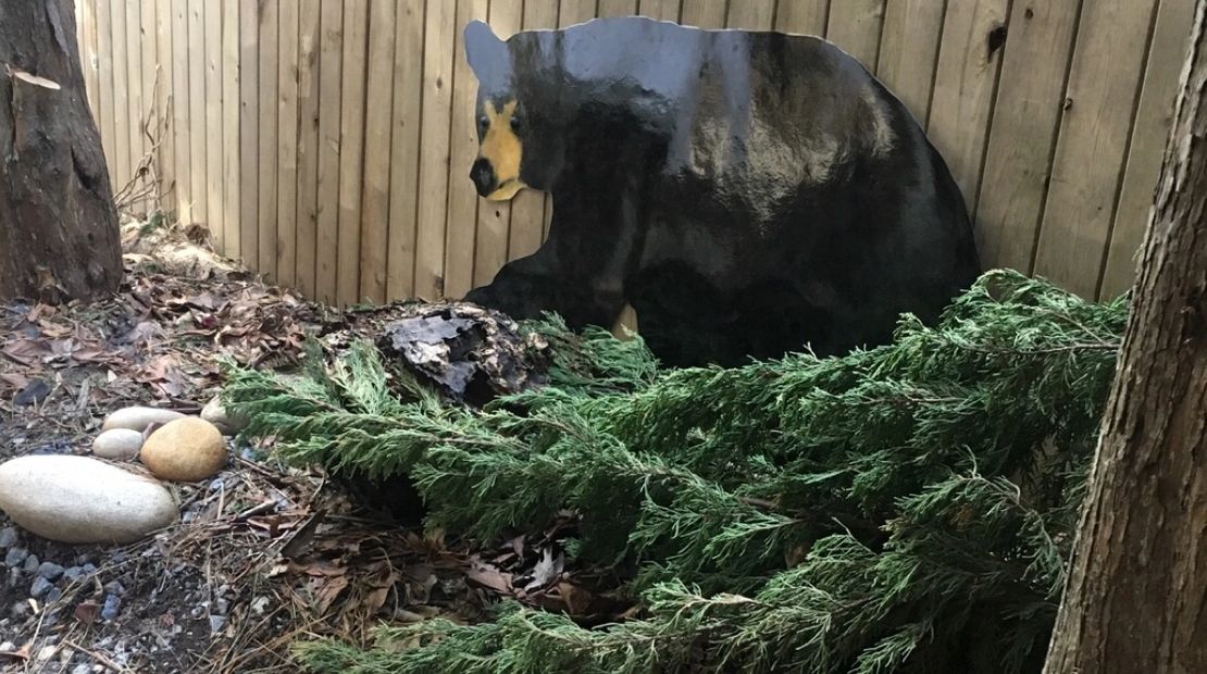 A black bear cutout rests against a vertical slat wooden fence. Its stare is focused on an artistic collection of smooth river stones. Once an archery target this cutout has been transformed into art to represent the souls of the wild to stir our emotional connection to abundant wildlife.