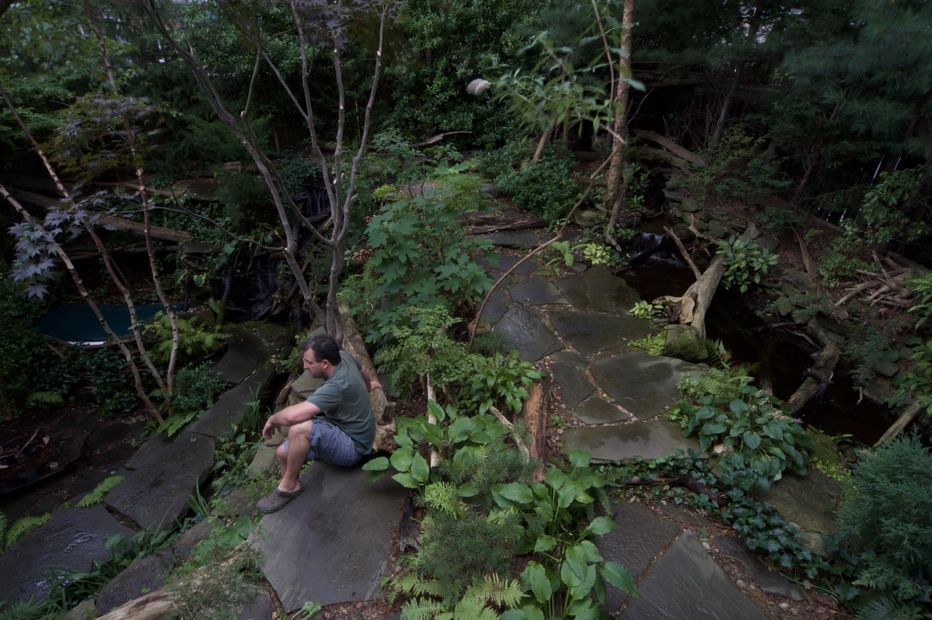 Michael Uhl seated on a ledge overlooking “Micron Canyon” created at a home as part of his micro-forest landscape design. This wooded stone sanctuary looks as though its been there for ages rather than being man-made.