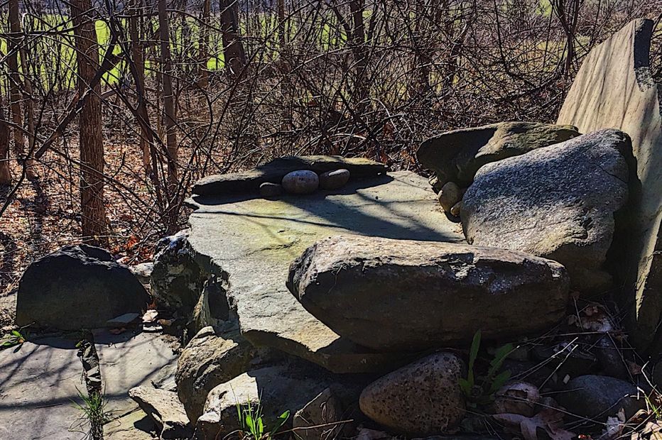 Amidst a micro-forest is a "Stone Throne" built from an assortment of field stones including large flat irregular shape stones for the seat and smooth pillow shaped river stones for arm rests.Not pictured here is a built-in fire pit behind its stone backrest which, provides its warmth. A rock dust base acts as a heat sink which extents its therapeutic effect. The "Stone Throne” keeps the royal buns toasty even in winter.
