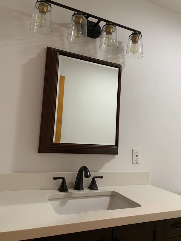 medicine cabinet, bathroom sink, vanity, light fixtures installation