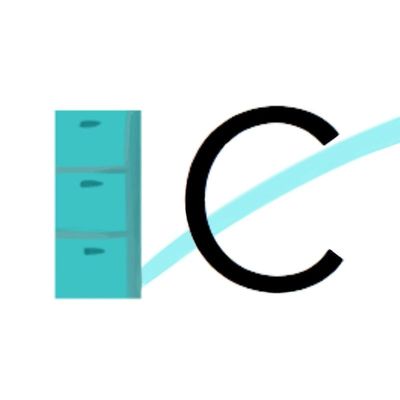 A blue filing cabinet icon and a large letter C connected by a curved blue line.