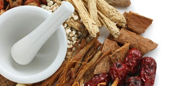 Several Chinese Medicine Herbs with a white mortar - Chinese Medicine Bristol
