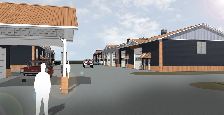 An eye-level view showing the fronts of two buildings, with vehicles and people to show scale.