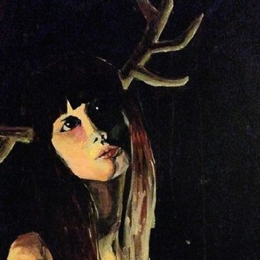 Woman doe deer headlights painting eyes dark night lighting antlers acrylic nature