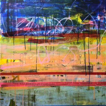 abstract landscape graffiti city colorful paint acrylic drippy rainbow blue pink stripes intuitive