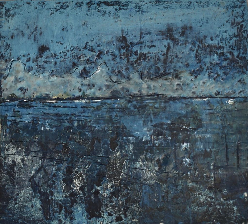 "Bun na Spéire".
295mm x 270mm.
Encaustics and oils on birch.