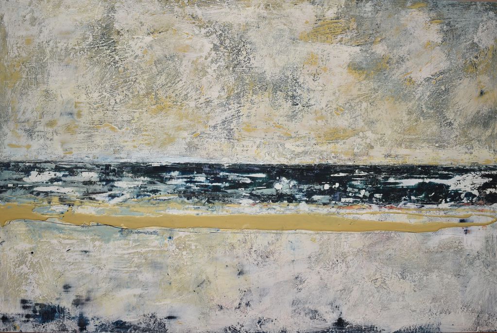 "And grey mist on the seas face".
121 x  81 cm.
Encaustics and oils on birch ply.