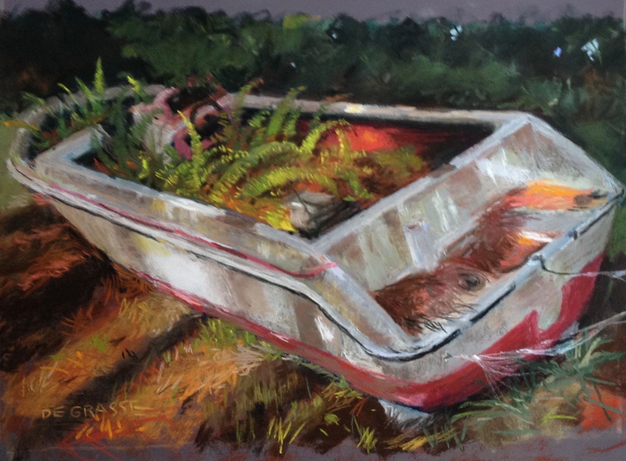 Fishing boat, ferns, discarded, dry out, cobwebs, lost boat