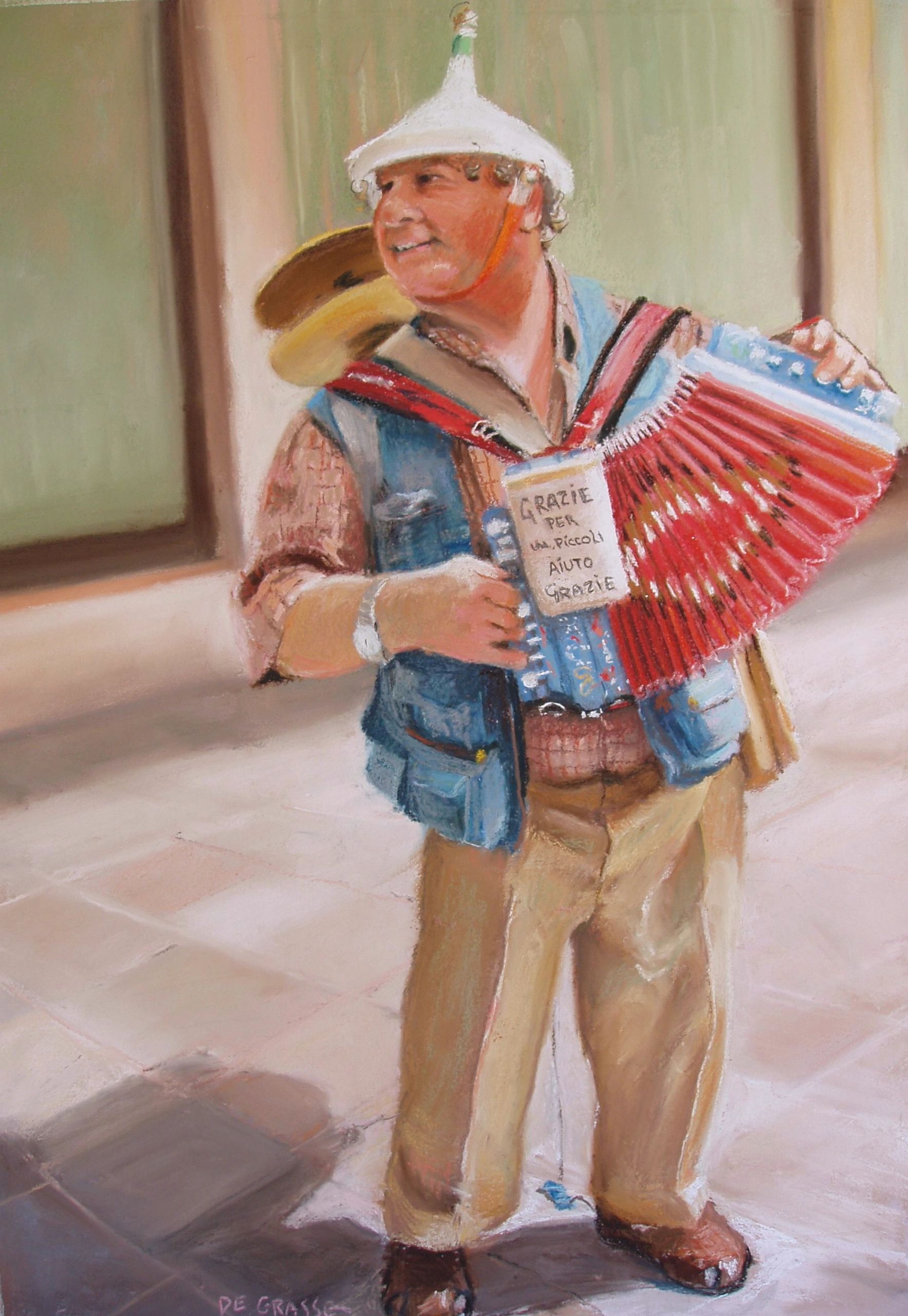Painted in pastel from visits to Florence and Venice, Italy. Street music.